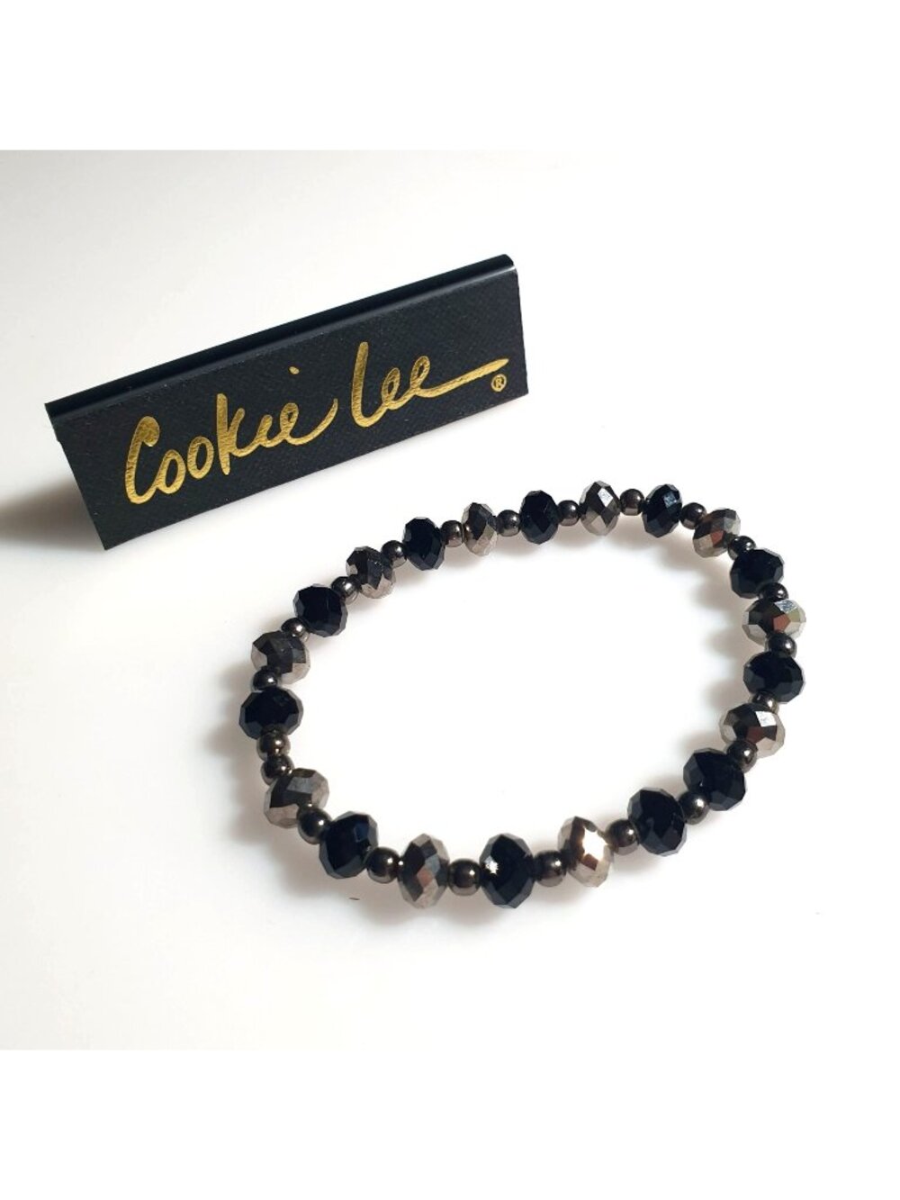 Cookie Lee Stretch Bracelet Black Silver Faceted Beads Womens Fashion Jewelry